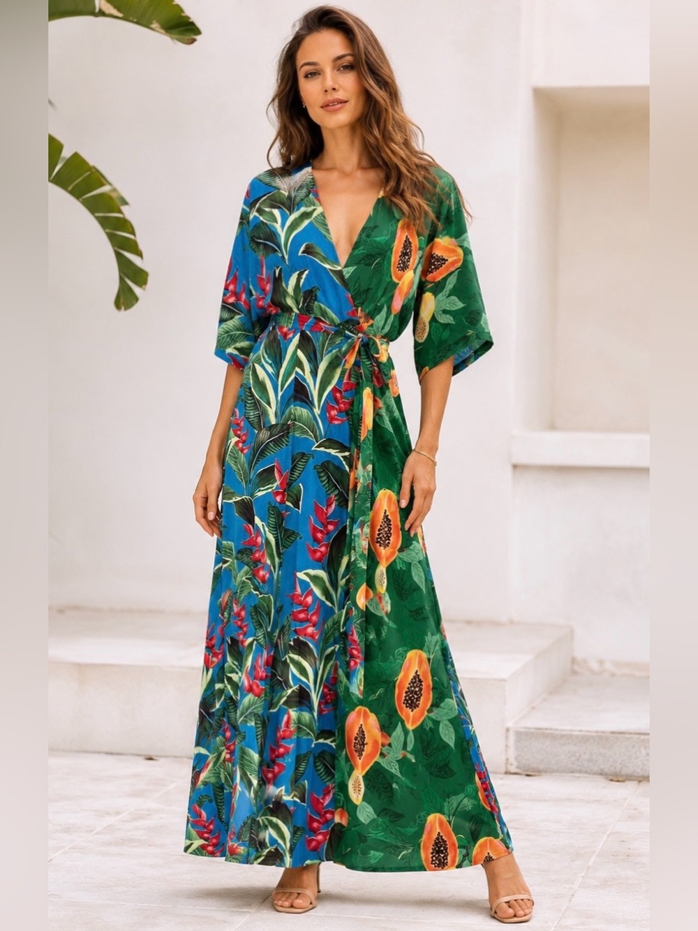 FARM Rio Dual Prints Papaya Dream Maxi Wrap Dress Size S